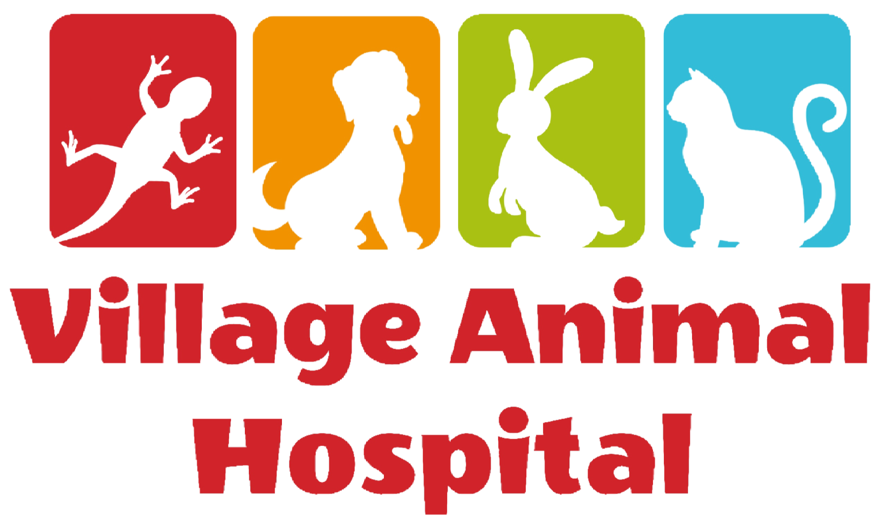 The logo for village animal hospital shows a lizard , a dog , a rabbit , and a cat.