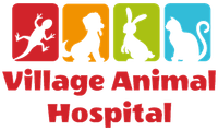 The logo for village animal hospital shows a lizard , a dog , a rabbit , and a cat.