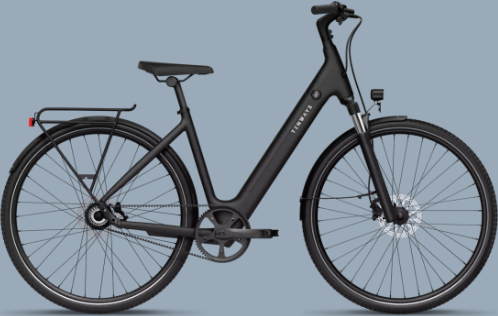 A black bicycle is against a blue background