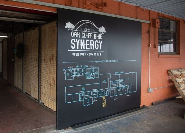 A chalkboard on the side of a building that says synergy