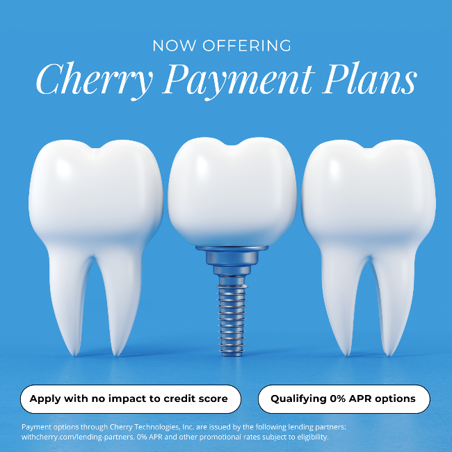 A poster for cherry payment plans with three teeth and a dental implant