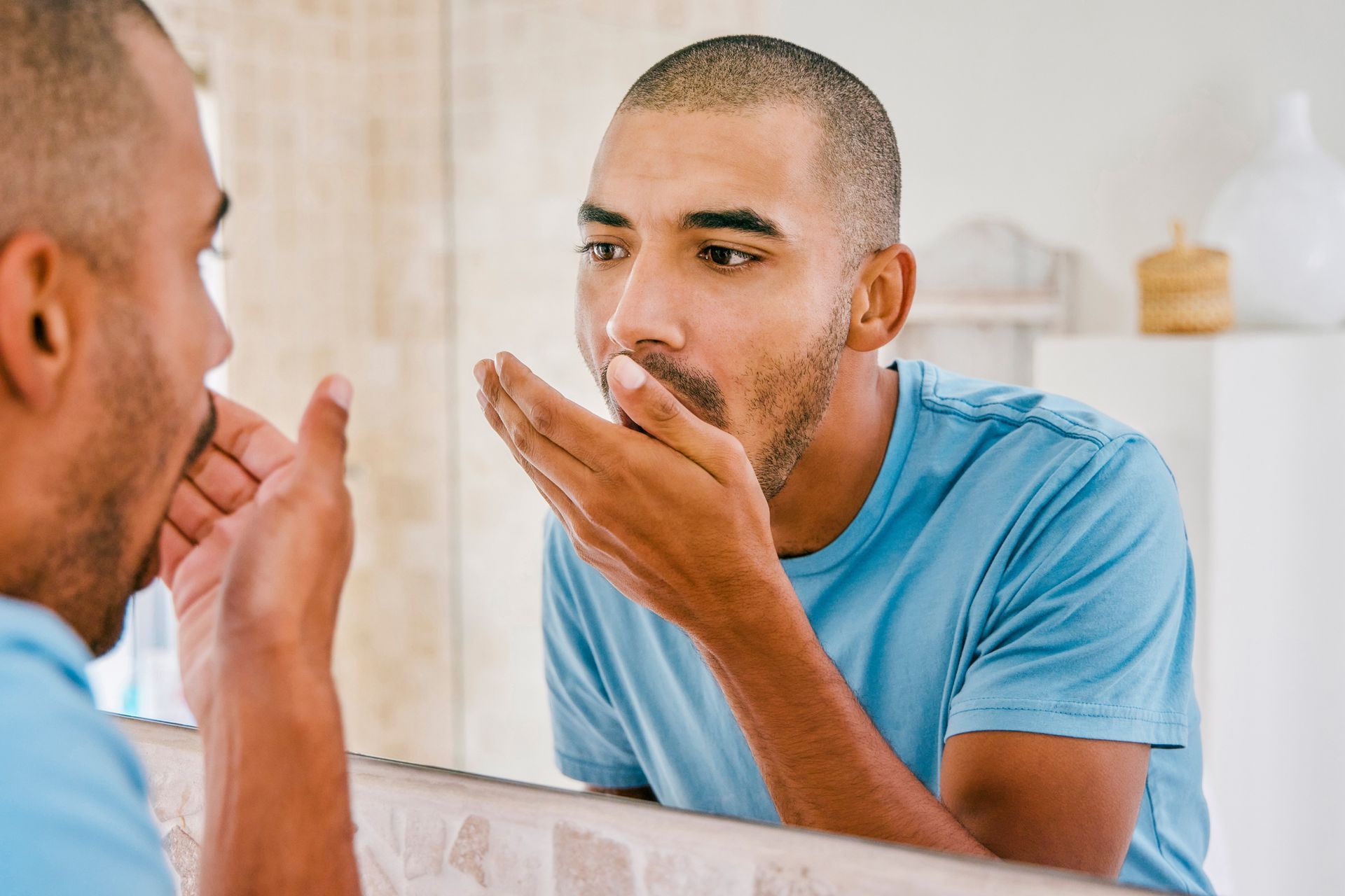 Man checking his breath