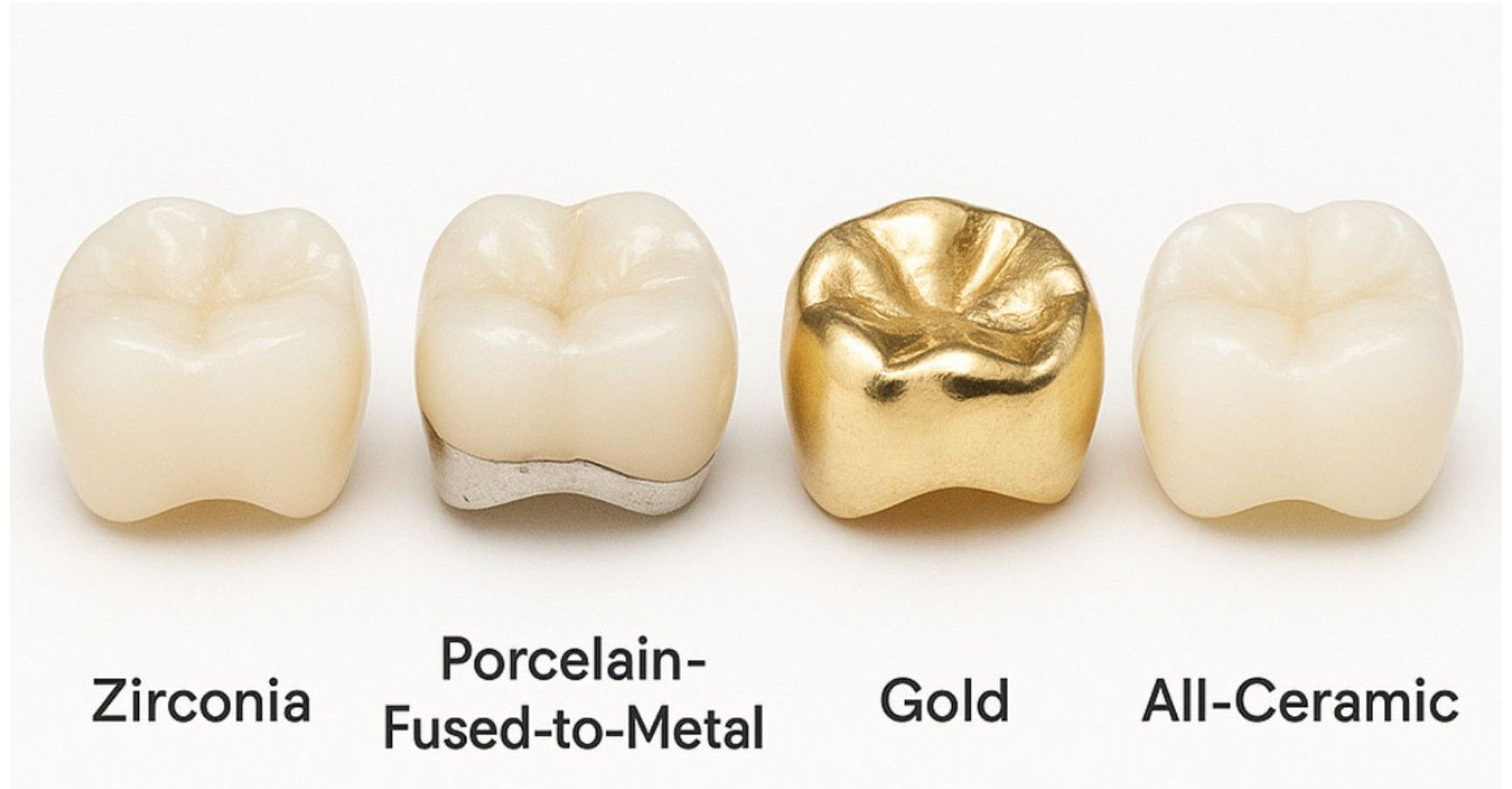 Four dental crowns: zirconia, porcelain-fused-to-metal, gold, and all-ceramic, arranged side-by-side.