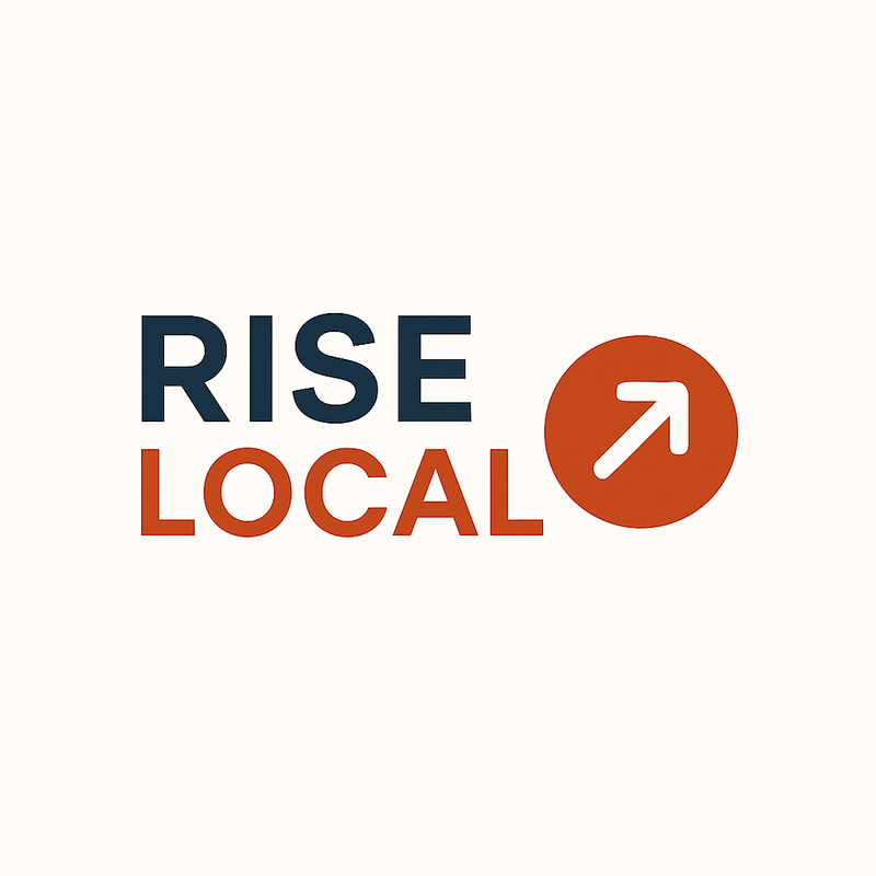 A logo for a company called rise local with an arrow pointing up.