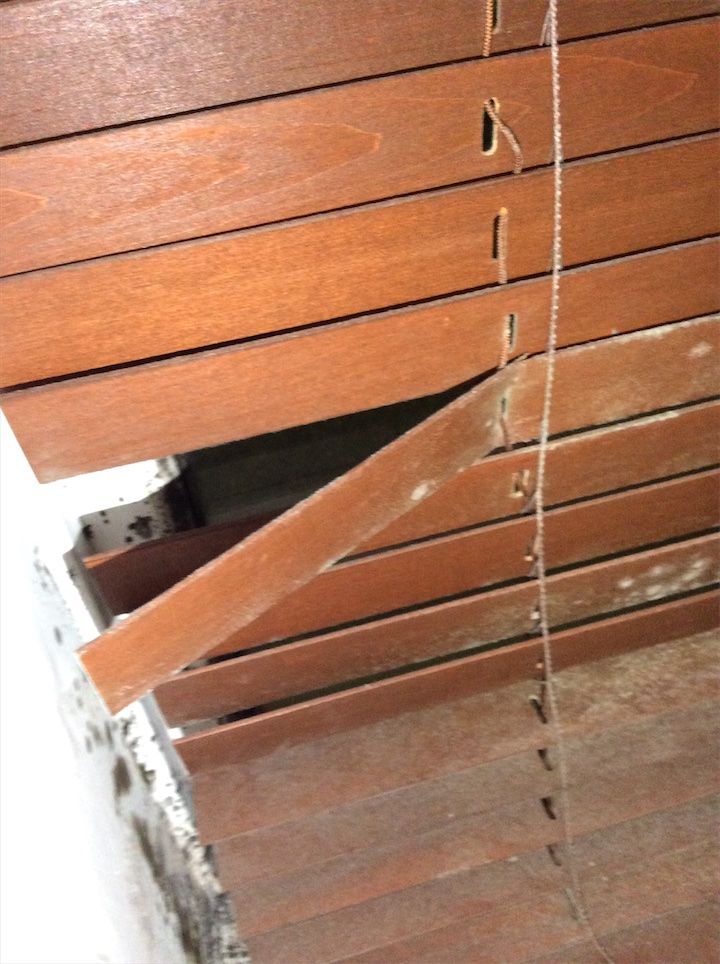 Broken wooden Venetian blind slat – damage recorded during inspection