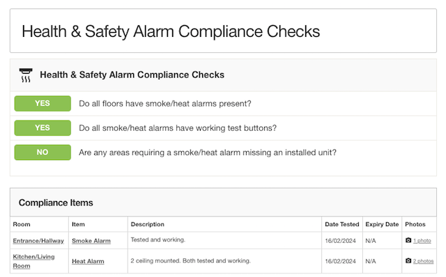 photo from check-in report showing smoke alarm and heat alarms have been tested and are working