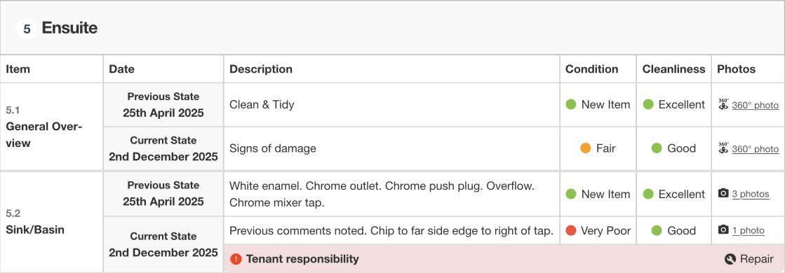 photo from  check-out report shows signs of damage as there is a chip to the sink