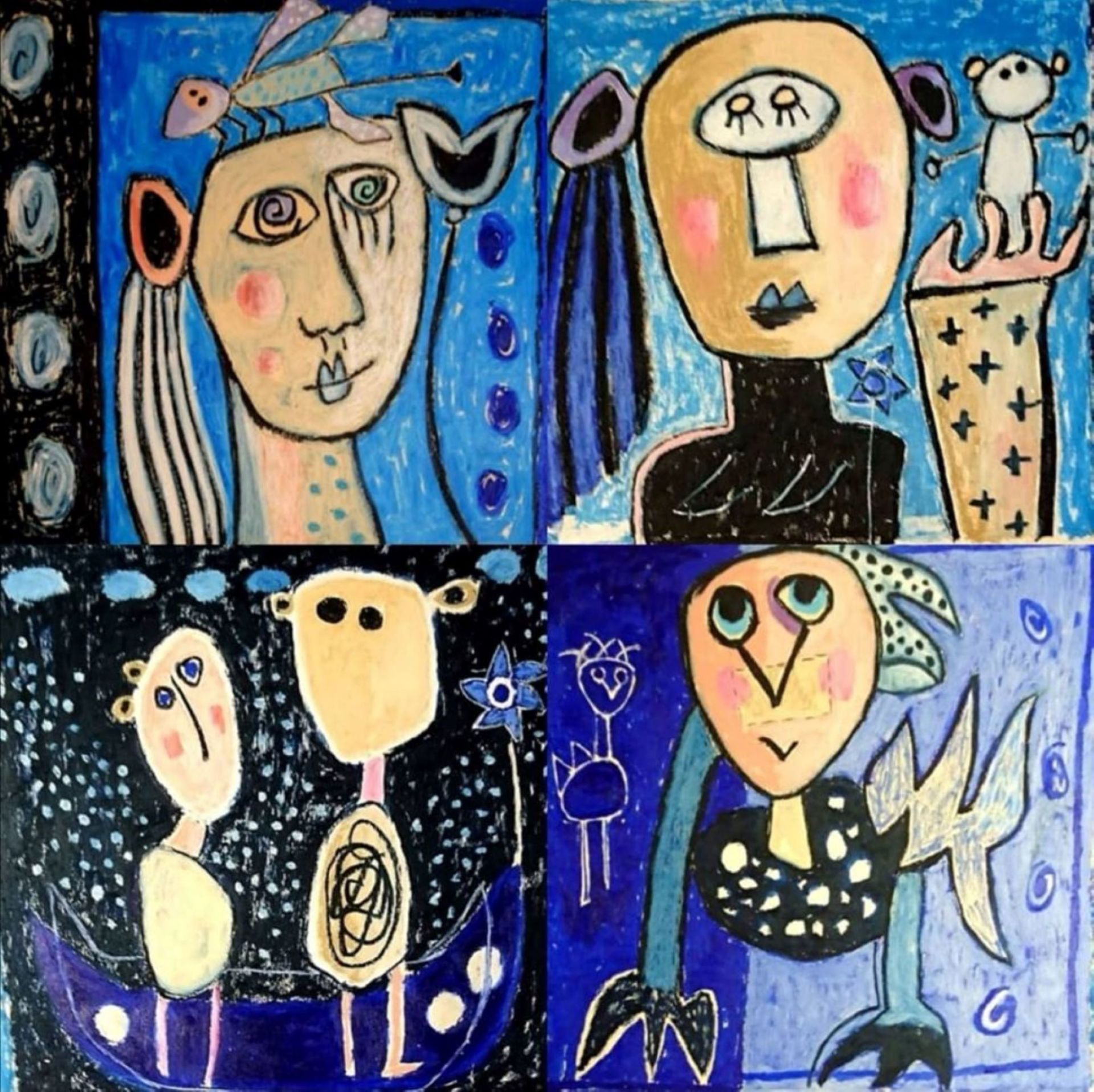 Eine Collage aus vier Gemälden von Gesichtern mit den Buchstaben rr darauf