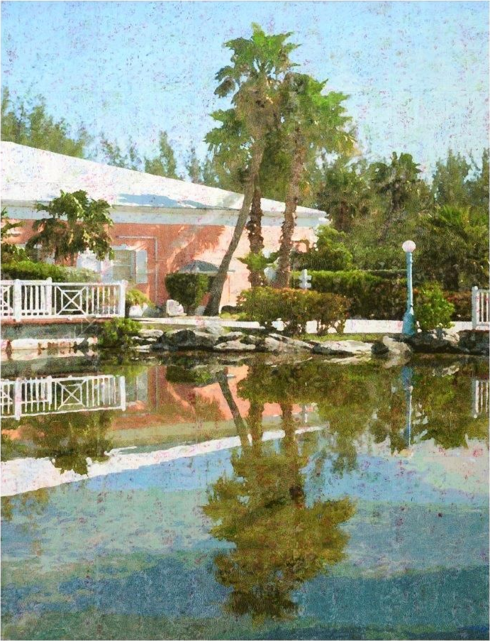 Ein rosafarbenes Gebäude und Palmen spiegeln sich im ruhigen Wasser.