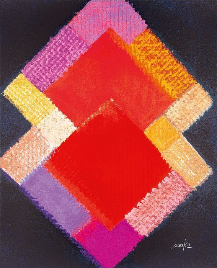 Abstrakte geometrische Kunst aus sich überlappenden Quadraten auf dunkelblauem Hintergrund.