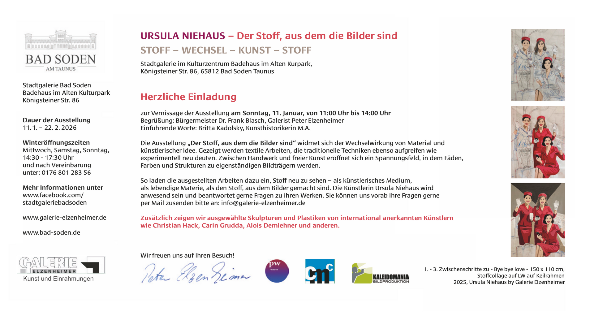 Flyer für die Kunstveranstaltung Bad Soden mit Text, Logos und drei Fotos von Personen in roten Outfits.