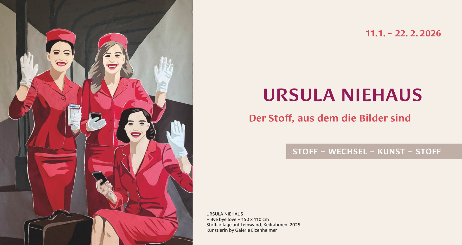 Drei Frauen in roten Uniformen winken, Ankündigung der Ausstellung.