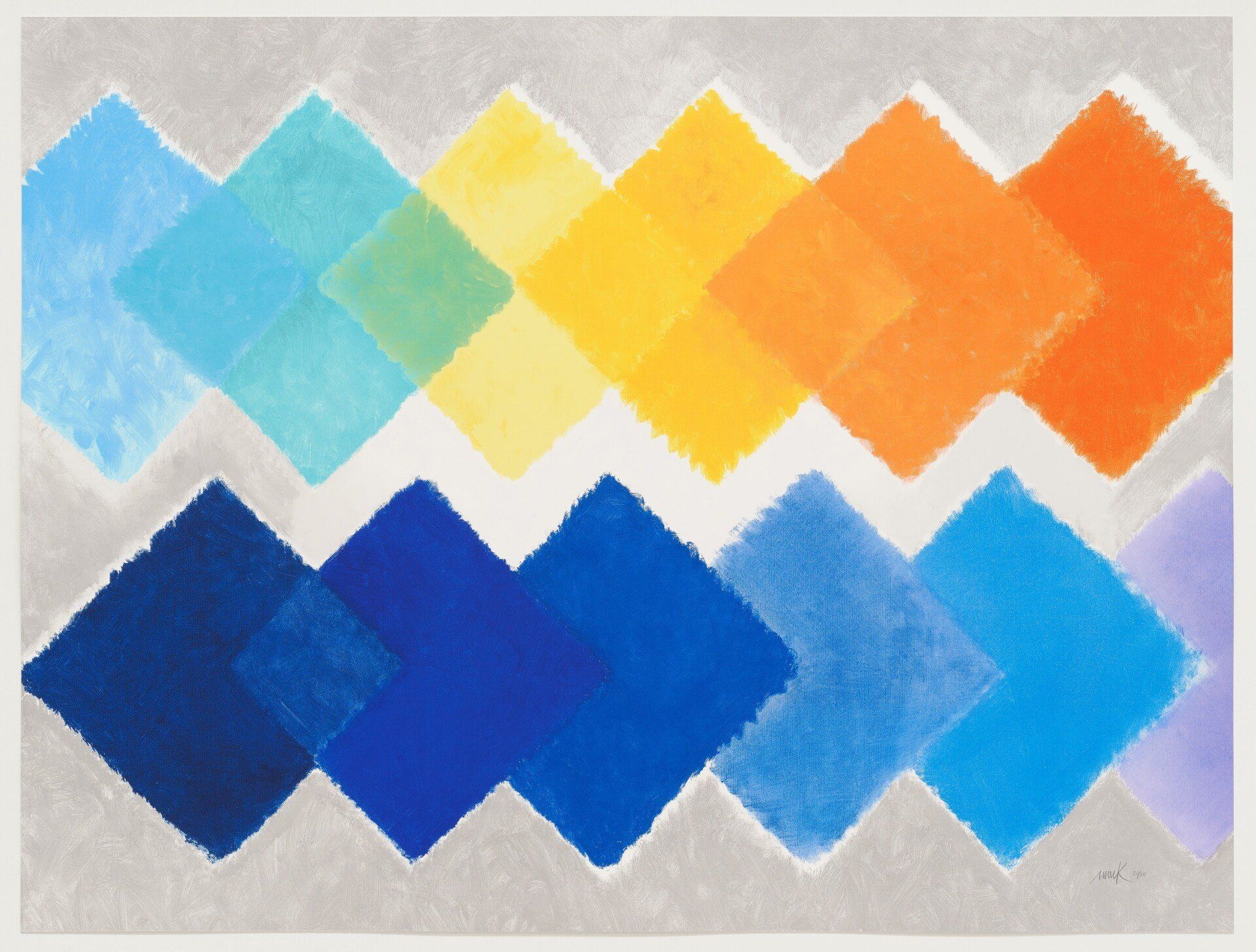 Ein Gemälde aus blauen, gelben und orangefarbenen Quadraten auf weißem Hintergrund