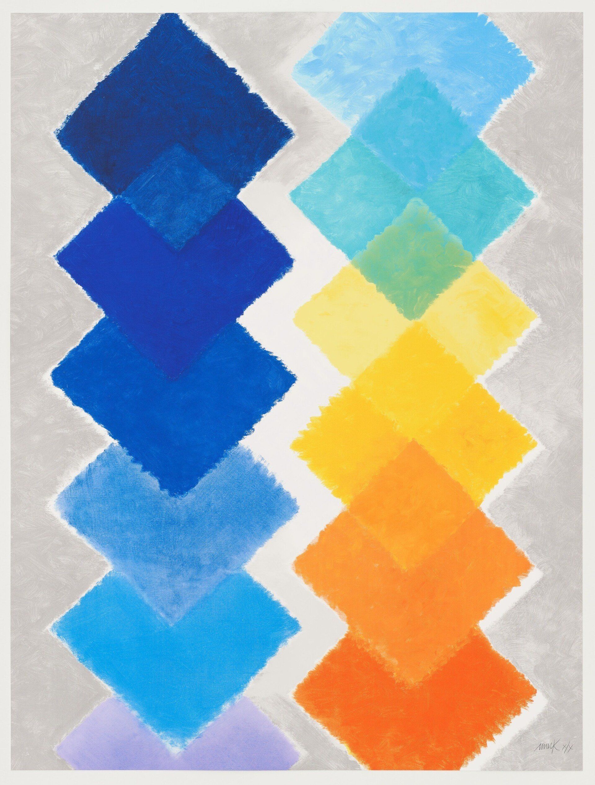 Ein Gemälde aus blauen, gelben und orangefarbenen Quadraten auf weißem Hintergrund