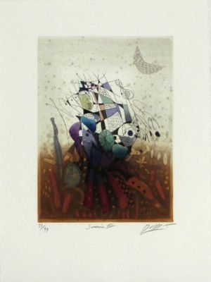 Ein Gemälde einer Reihe bunter Objekte auf weißem Hintergrund