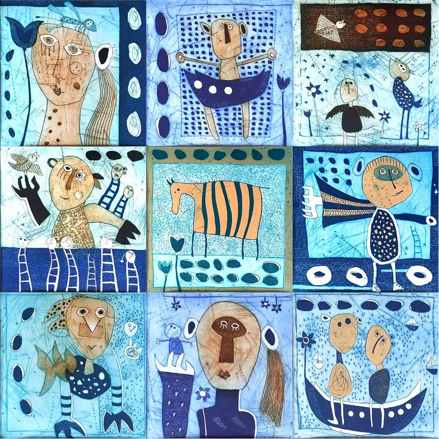 Eine Collage aus Zeichnungen von Menschen und Tieren auf blauem Hintergrund