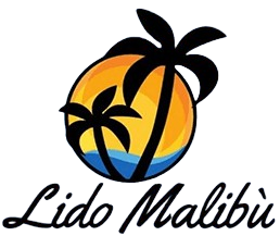 Lido Malibu logo with black palm trees over a sunset circle in orange, yellow, and blue