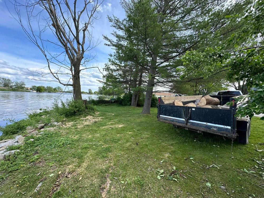 A dumpster is parked in a grassy area next to a body of water.