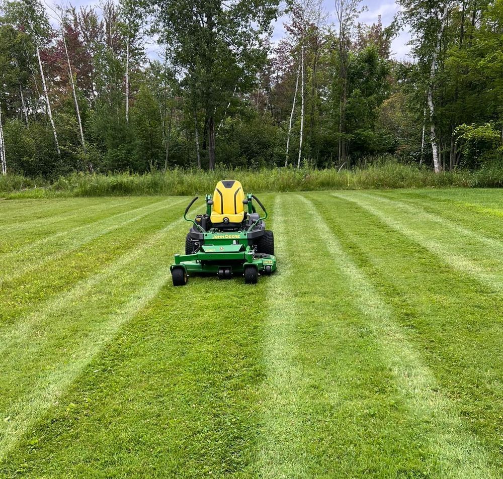 A green lawn mower is cutting a lush green lawn.