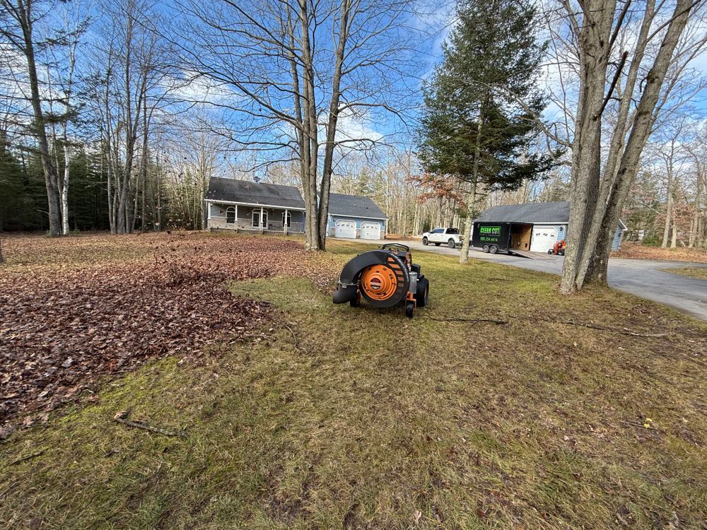 A leaf blower is sitting in the grass in front of a house.