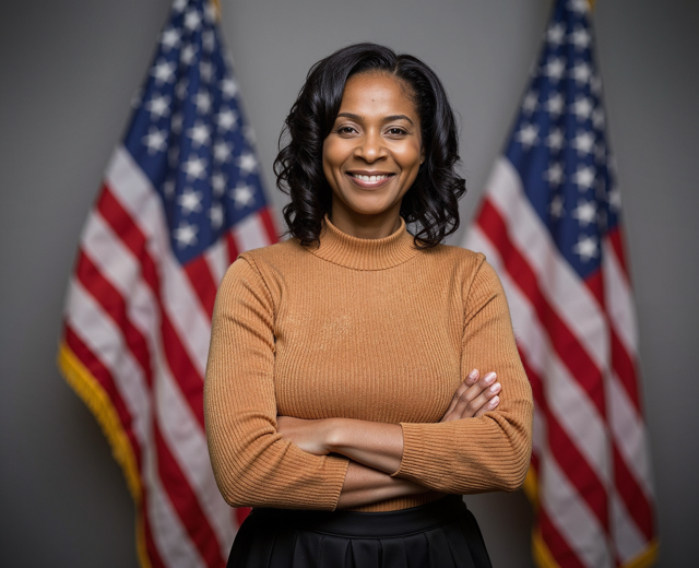 Woman with crossed arms smiles in front of two US flags.