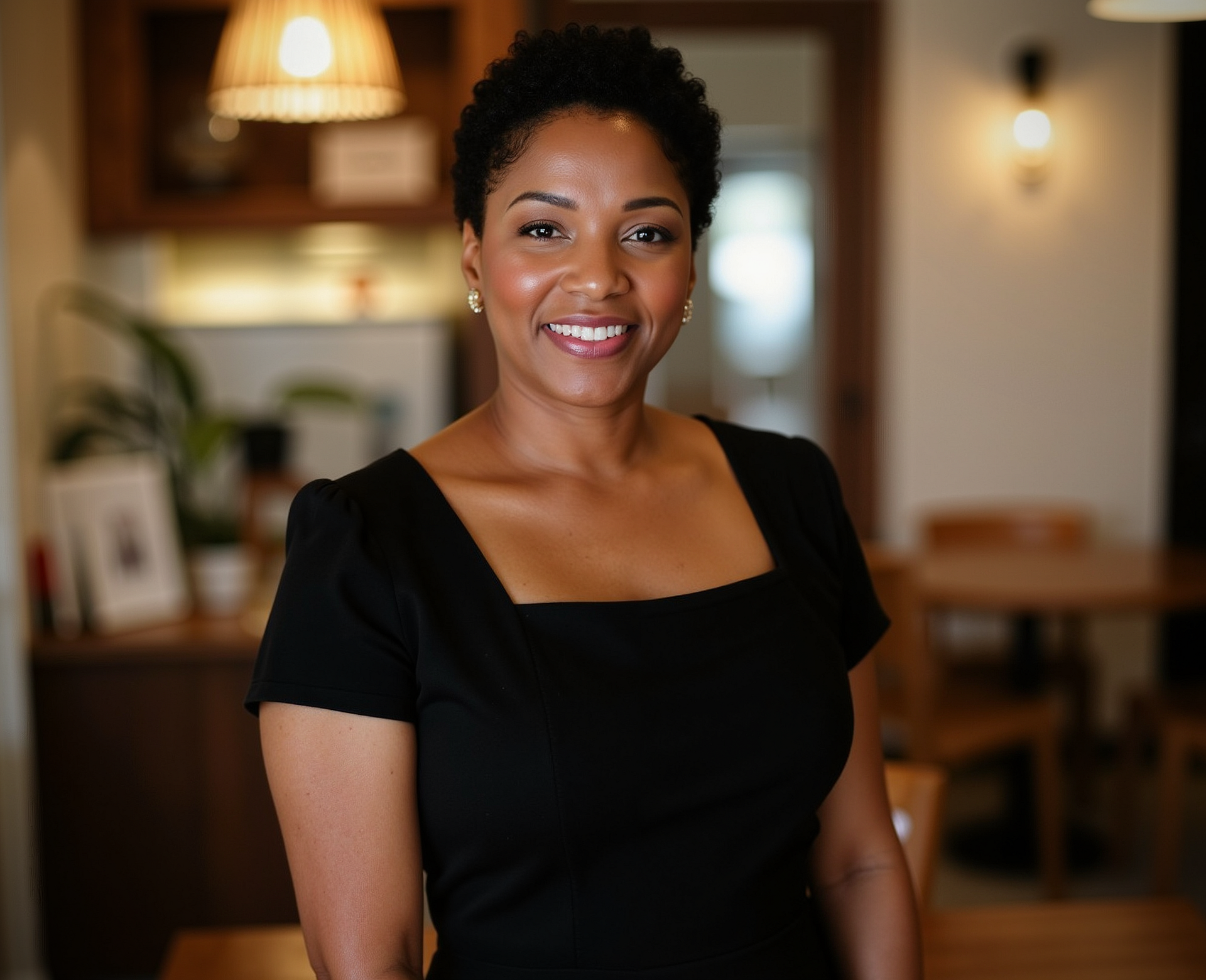 Woman in black dress smiles indoors.