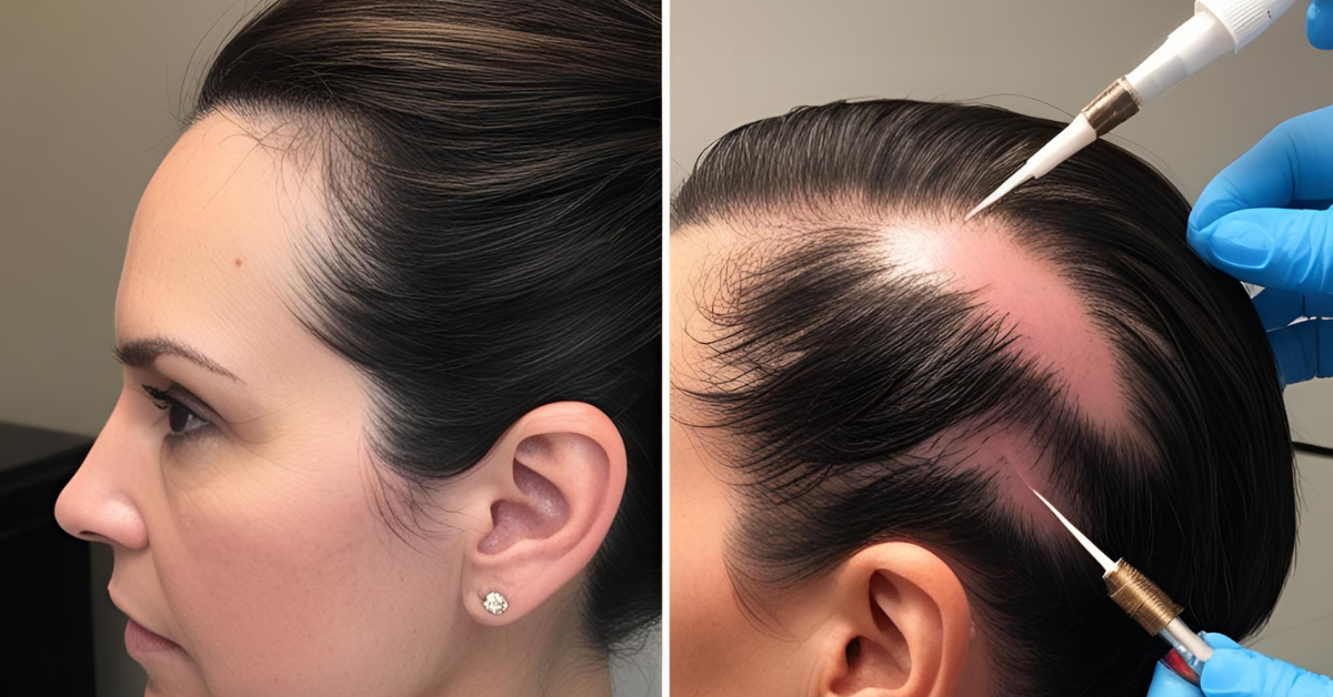 Woman's hairline before and during a hair loss treatment with needles. Hair is dark; skin is pink.