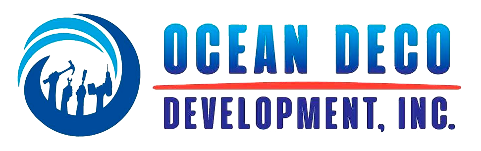 The logo for ocean deco development inc. is blue and red.