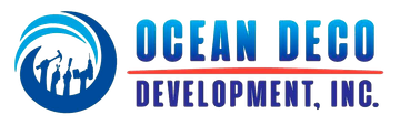 The logo for ocean deco development inc. is blue and red.