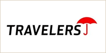 Travelers Insurance logo: black text, red umbrella graphic.