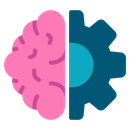 A pink and blue brain with a gear in the middle.