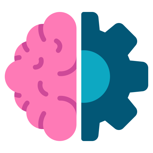 A pink and blue brain with a gear in the middle.