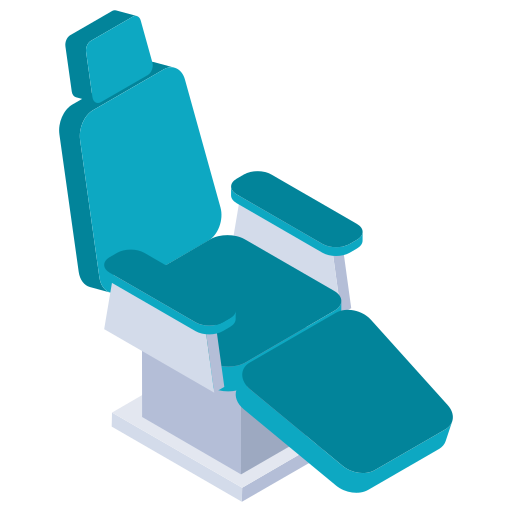 An isometric illustration of a dental chair on a white background.