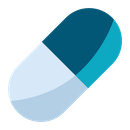 A blue and white capsule on a white background.