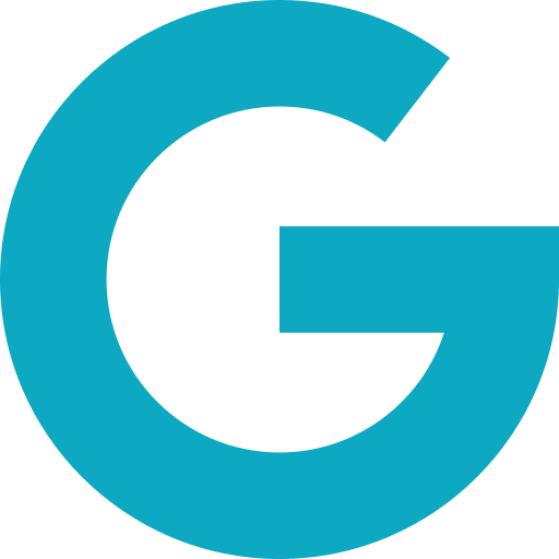 The letter g is in a blue circle on a white background.