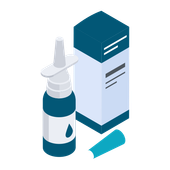 An isometric illustration of a nasal spray and a box.