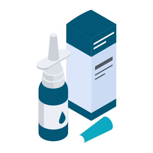 An isometric illustration of a nasal spray and a box.