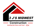 Logo for 3 J's Midwest Construction with a red and black house outline, black text, and a fish symbol.