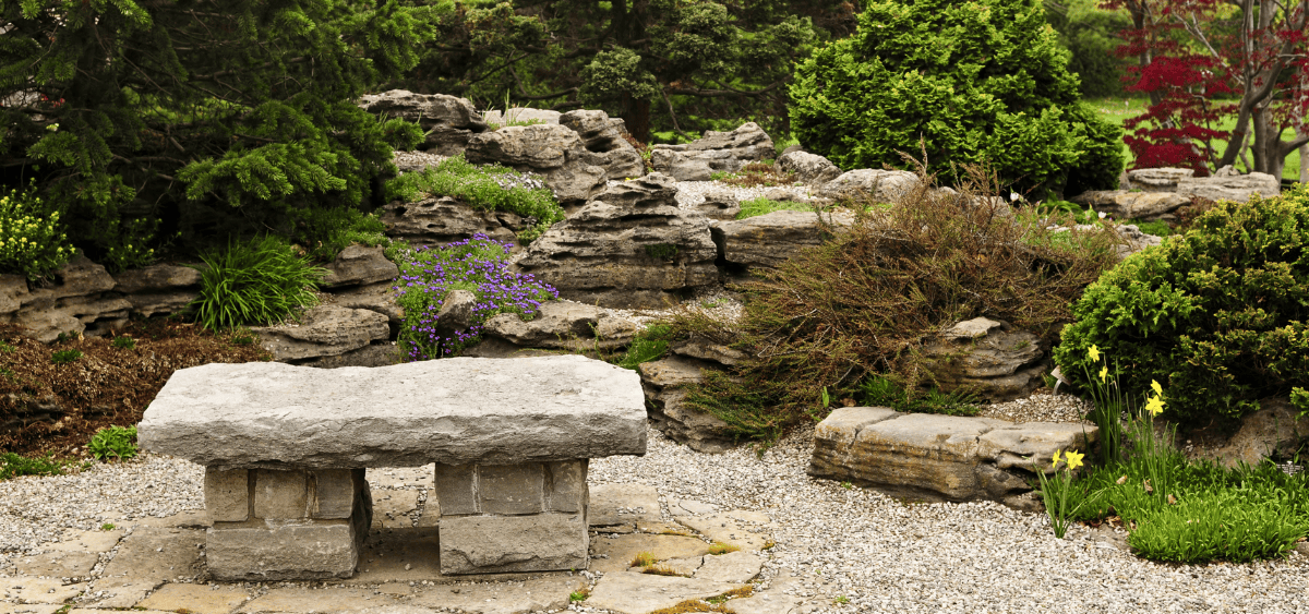 Japanese landscape with a stone bench