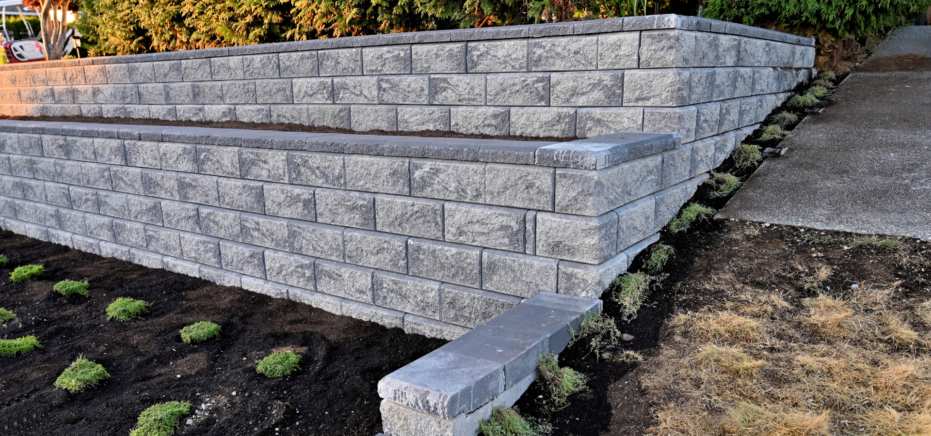 Staggered retaining walls installed by Louisville Landscape Pros