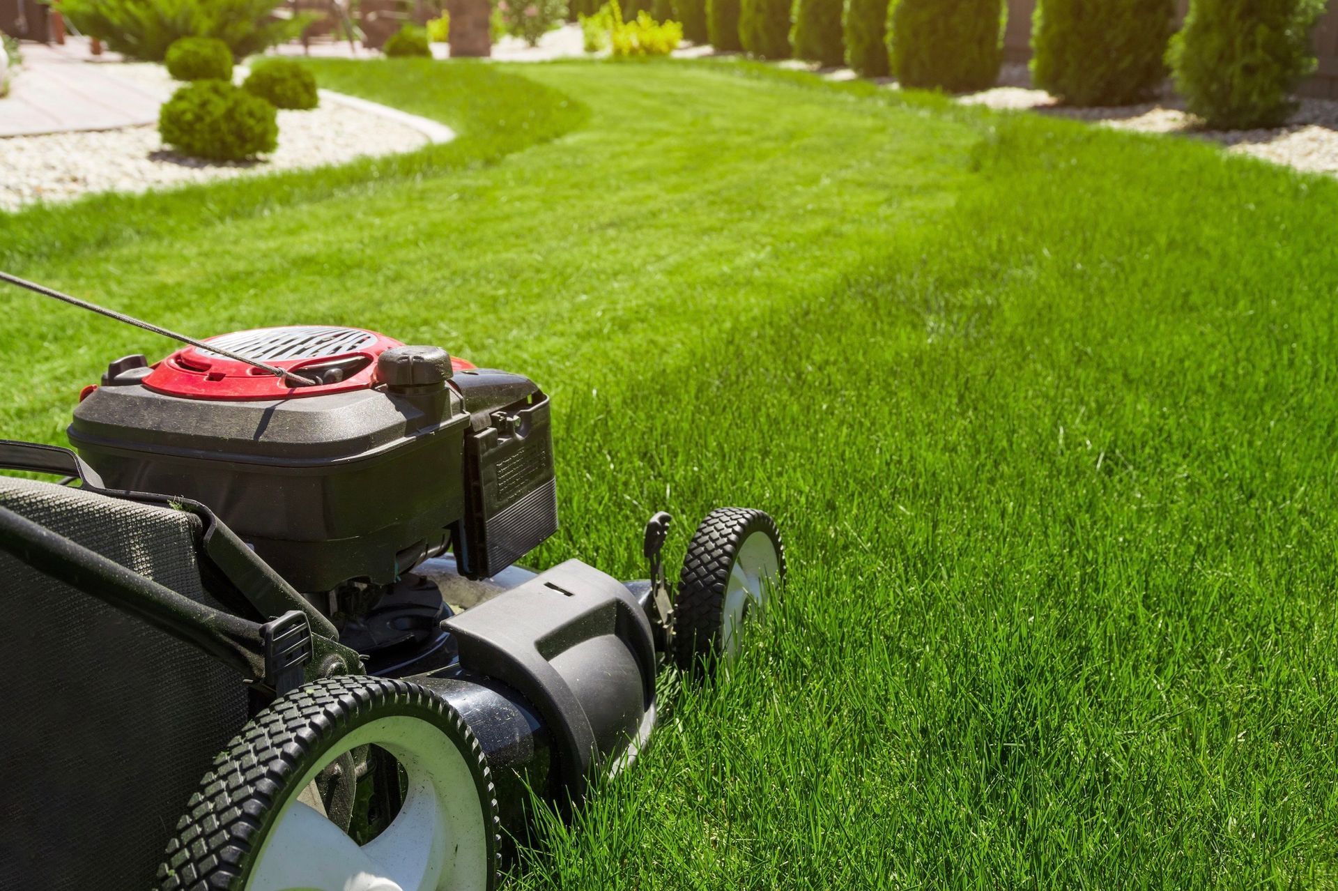 A lawn mower is cutting a lush green lawn.