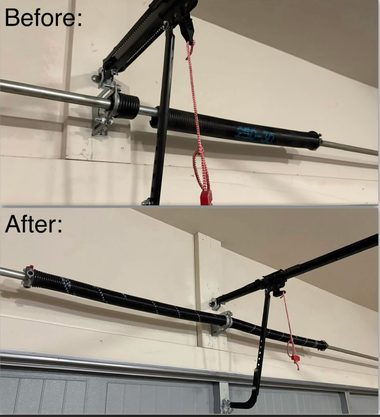 A split-view showing the installation of a garage door torsion spring, with the 