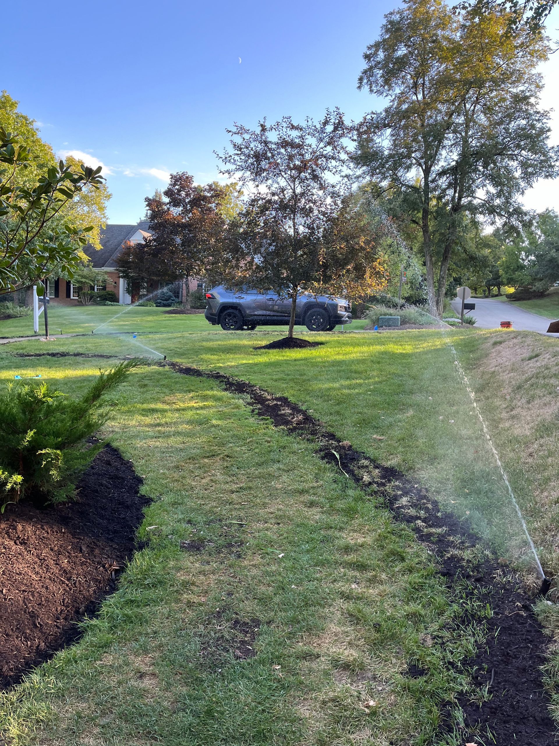 A sprinkler is spraying water on a lush green lawn.