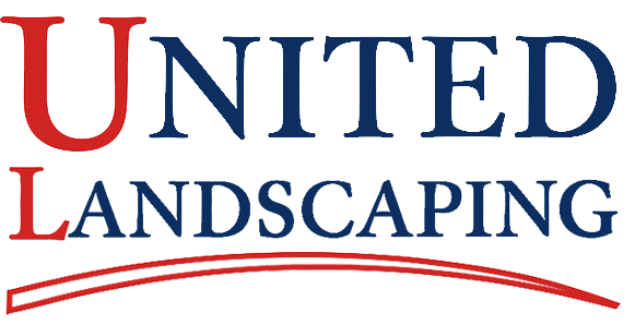 The logo for united landscaping is red , white and blue.