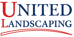 The logo for united landscaping is red , white and blue.