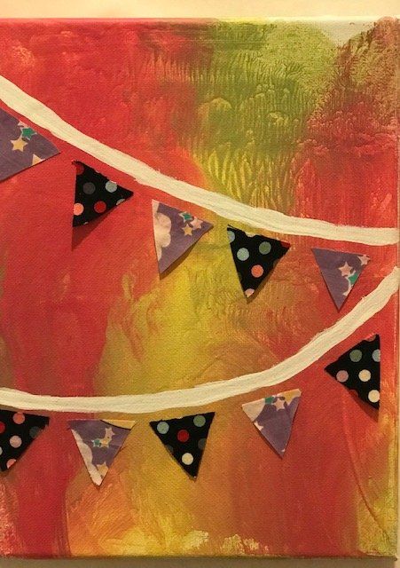 A painting of a string of flags on a red background