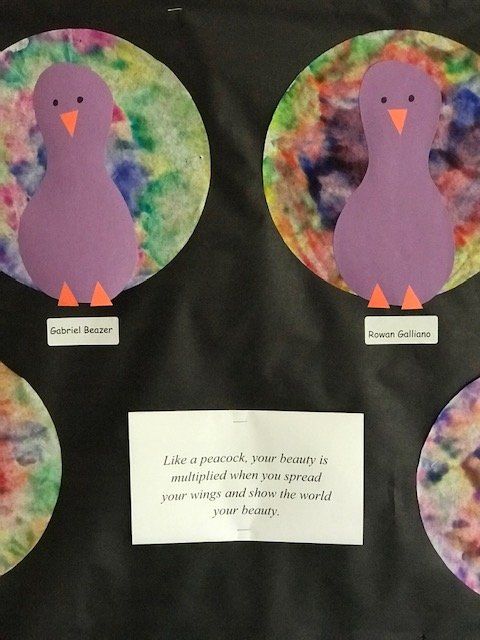 Purple peacocks on a colorful background with a quote