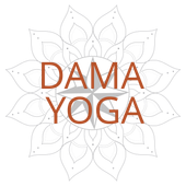 Logo pour Dama Yoga : texte en marron, superposé sur un motif de mandala gris.