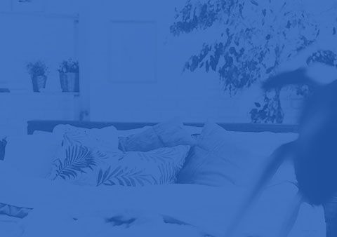 A person is cleaning a couch with a vacuum cleaner in a living room.