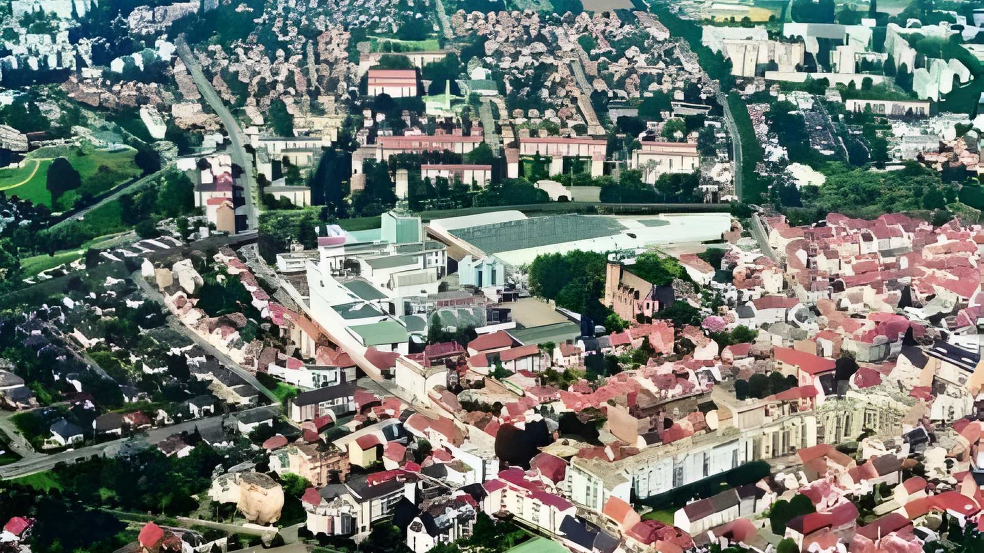 Vue aérienne d'une ville aux toits de tuiles rouges, avec des bâtiments, des rues et des espaces verts sous un ciel dégagé.